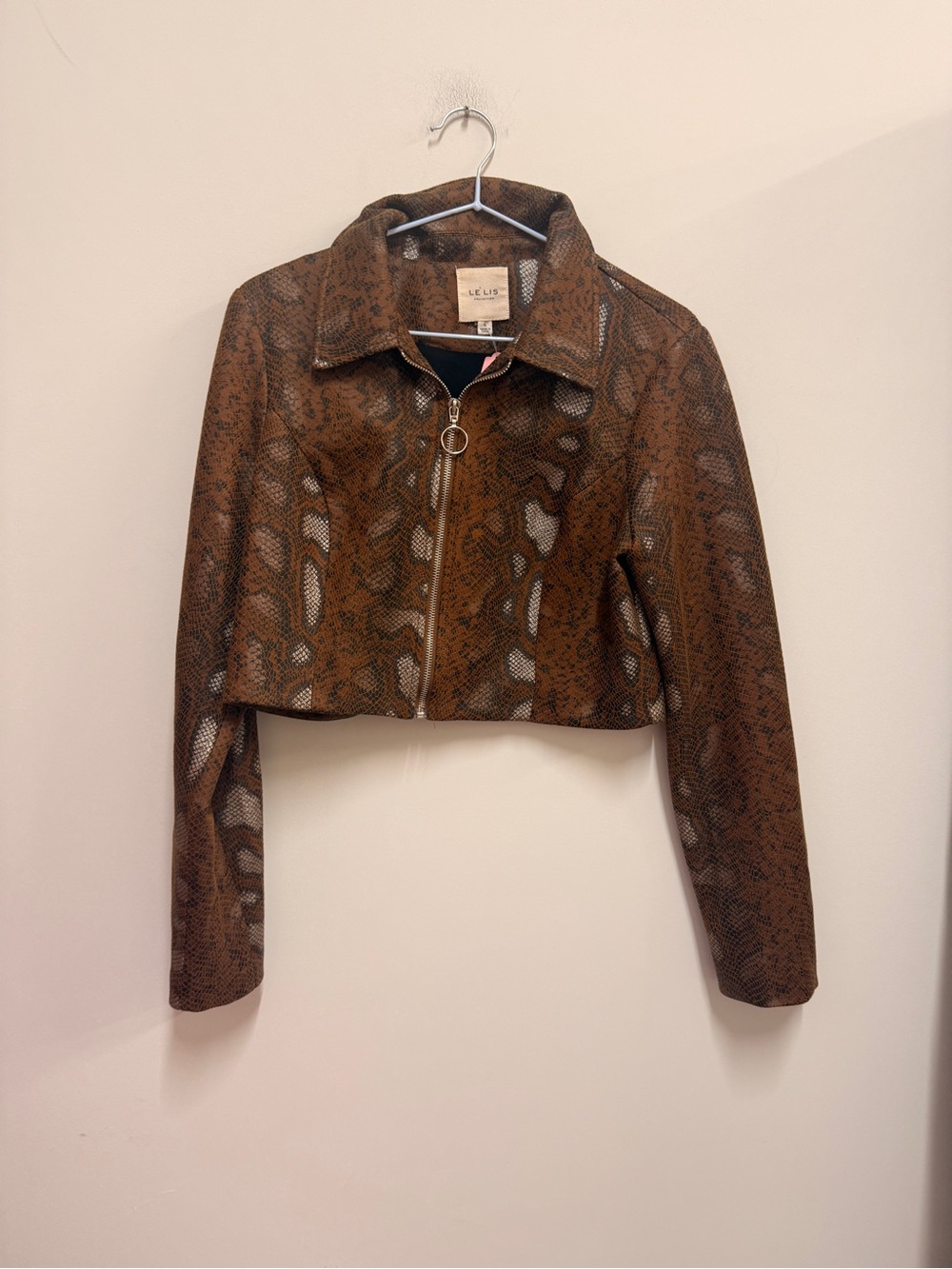 Le Lis Cropped Faux-Leather Snake-Print Jacket in Brown